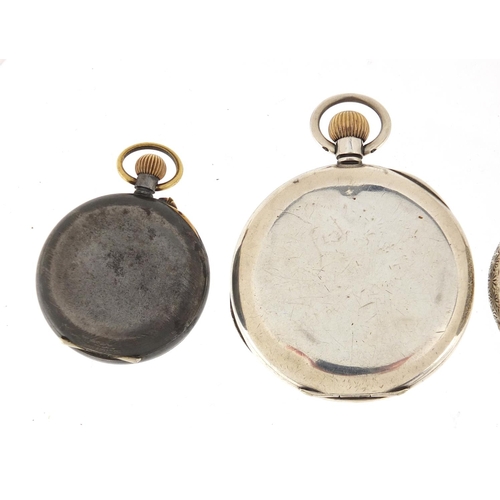 1146 - Three silver pocket watches and one gunmetal, each with enamelled dial, the largest 4.6cm in diamete... 