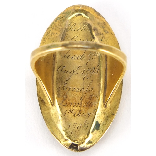 922 - 18th century unmarked gold and green stone mourning ring, engraved Rich Linn died 7th August 1794, A... 