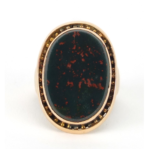 949 - Victorian unmarked gold bloodstone signet ring, size H, approximate weight 6.4g