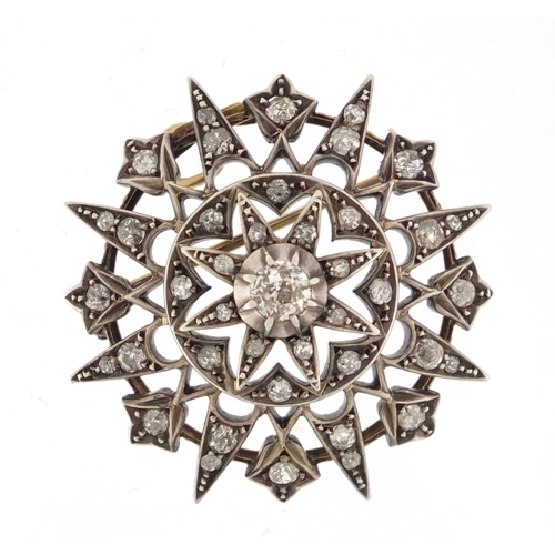 910 - Antique unmarked gold diamond four tier star burst pendant brooch, 3cm in diameter, approximate weig... 