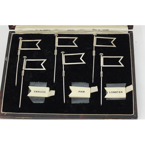 900 - Set of six Art Deco silver sandwich markers, housed in a fitted tooled leather box, A.S Birmingham 1... 