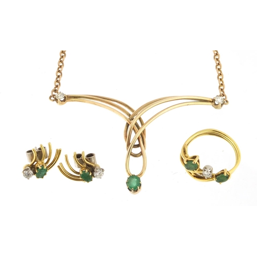 912 - 9ct gold emerald and diamond necklace with matching 18ct gold ring and earrings, the necklace 36cm i... 