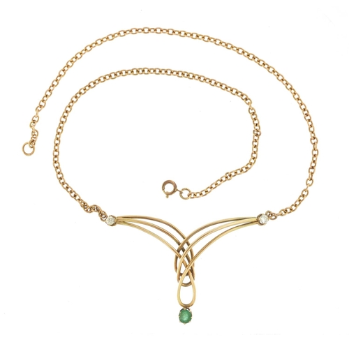 912 - 9ct gold emerald and diamond necklace with matching 18ct gold ring and earrings, the necklace 36cm i... 