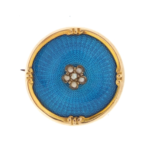 934 - Circular 9ct gold blue guilloche enamel and seed pearl brooch, by Henry Matthews Birmingham, indisti... 