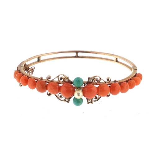 916 - Victorian unmarked gold coral, turquoise and pearl bracelet, 6.5cm wide, approximate weight 9.6g