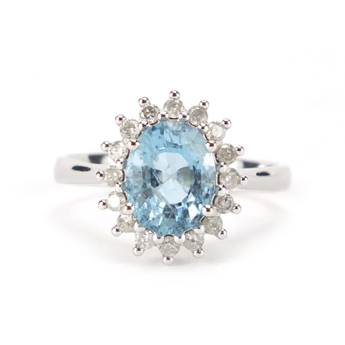 945 - 14ct white aquamarine and diamond ring, size L, approximate weight 3.3g