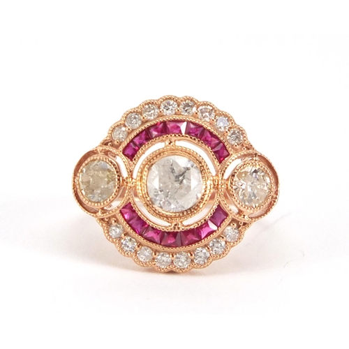 935 - Art Deco style 14ct rose gold ruby and diamond ring, size K, approximate weight 3.2g