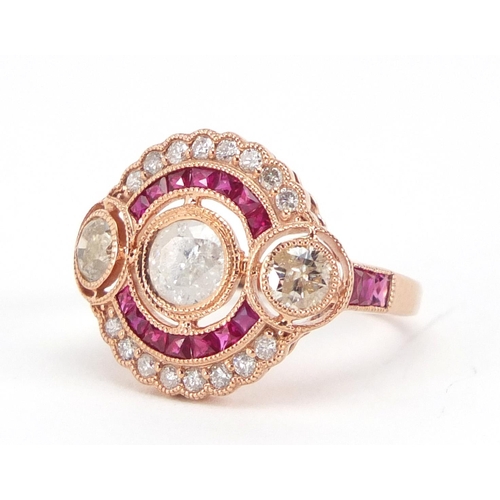 935 - Art Deco style 14ct rose gold ruby and diamond ring, size K, approximate weight 3.2g