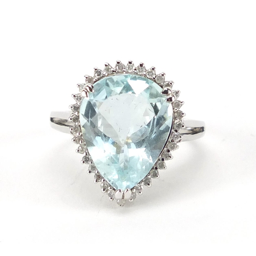 940 - 14ct white gold tear drop aquamarine and diamond ring, size K, approximate weight 4.6g
