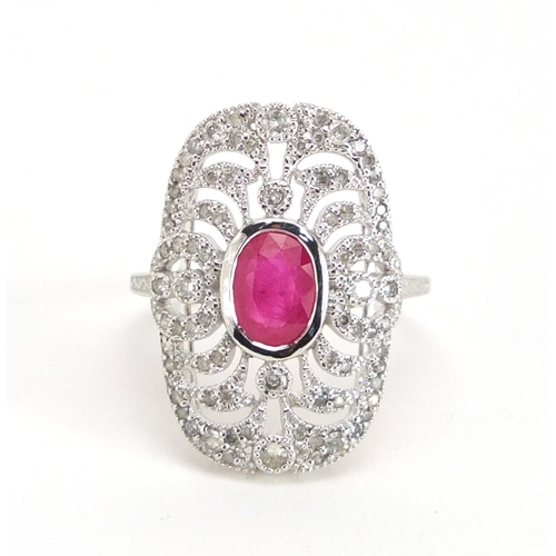 927 - Art Deco style 18ct white gold ruby and diamond ring, size K, approximate weight 4.2g