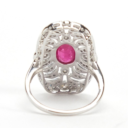 927 - Art Deco style 18ct white gold ruby and diamond ring, size K, approximate weight 4.2g