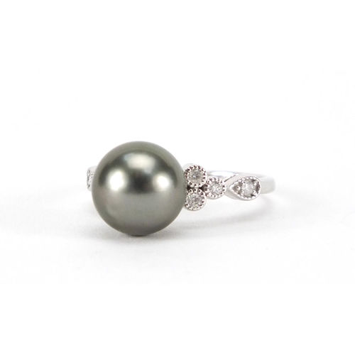 954 - 14ct white gold Tahitian pearl and diamond ring, size K, approximate weight 3.2g