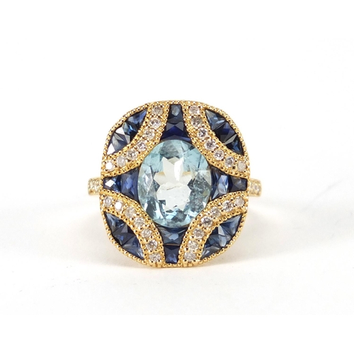 917 - 14ct gold aquamarine, sapphire and diamond ring, size K, approximate weight 3.7g
