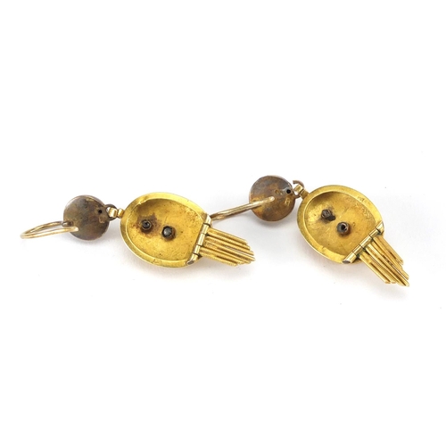923 - Pair of Victorian unmarked gold and emerald drop earrings, 5cm in length, approximate weight 6.5g