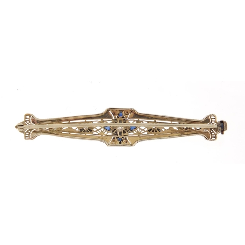 914 - Art Deco unmarked white metal diamond and sapphire bar brooch, 7cm in length, approximate weight 7.0... 