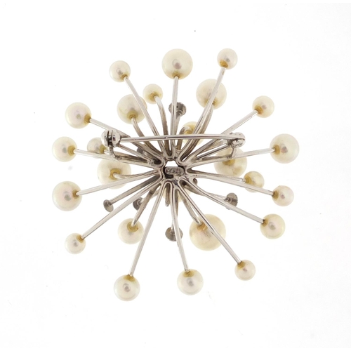952 - 18ct white gold pearl spray brooch, 5cm wide, approximate weight 15.7g