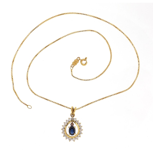 918 - 18ct gold sapphire and diamond pendant on a 18ct gold necklace, the pendant 2.8cm in length, approxi... 