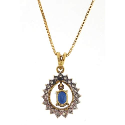 918 - 18ct gold sapphire and diamond pendant on a 18ct gold necklace, the pendant 2.8cm in length, approxi... 