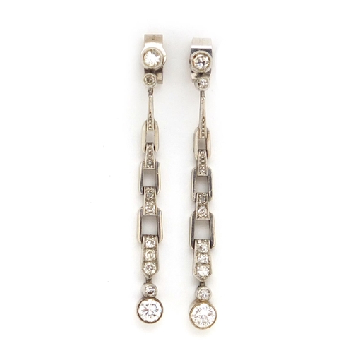 928 - Pair of Art Deco 18ct white gold diamond drop earrings, 3.5cm in length, approximate weight 4.0g