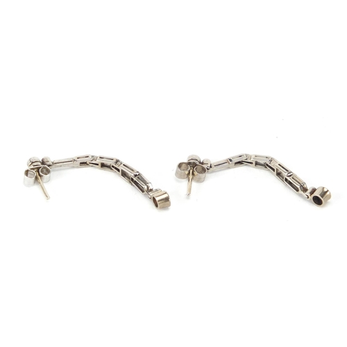 928 - Pair of Art Deco 18ct white gold diamond drop earrings, 3.5cm in length, approximate weight 4.0g
