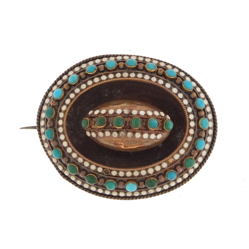 909 - Victorian unmarked gold, enamel and turquoise mourning brooch with matching earrings, housed in a to... 