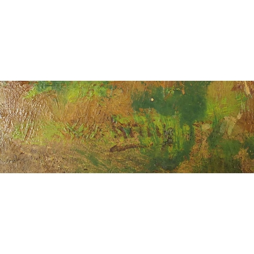 2243 - Figure on a path beside water before mountains, oil on panel, bearing an indistinct signature to the... 