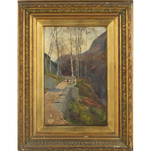 2244 - Figure on a path in a mountainous landscape, oil on panel, bearing an indistinct signature to the lo... 