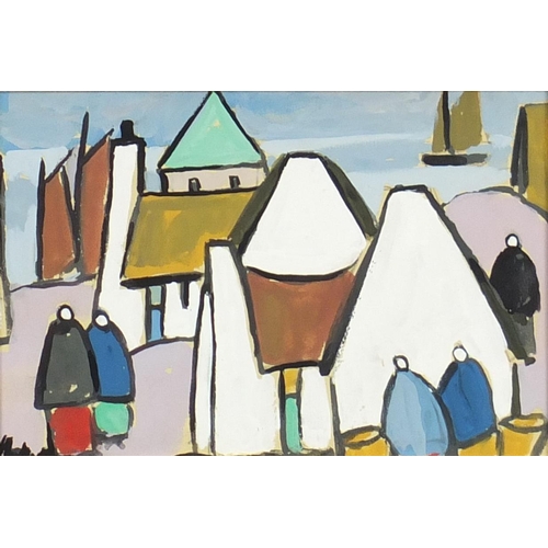 2398 - Figures and buildings, Irish school gouache on board, bearing an indistinct signature, framed, 23cm ... 