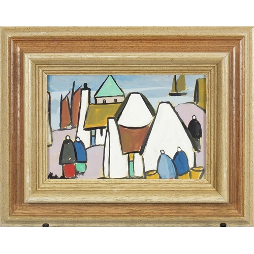2398 - Figures and buildings, Irish school gouache on board, bearing an indistinct signature, framed, 23cm ... 