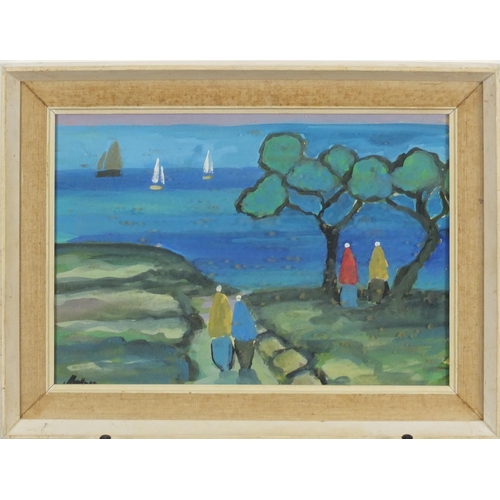 2490 - Figures before the sea, Irish school gouache, bearing an indistinct signature,  mounted and framed 3... 