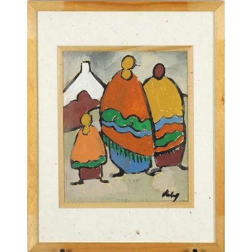 2368 - Three figures, Irish school gouache, bearing an indistinct signature possibly Markey, mounted and fr... 