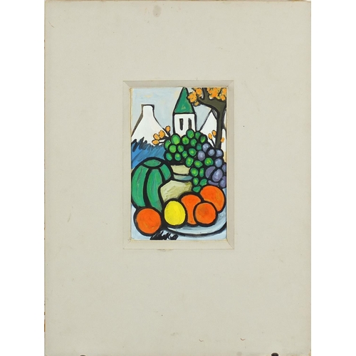 2240 - Still life before buildings, Irish school gouache on card, bearing an indistinct signature, mounted ... 