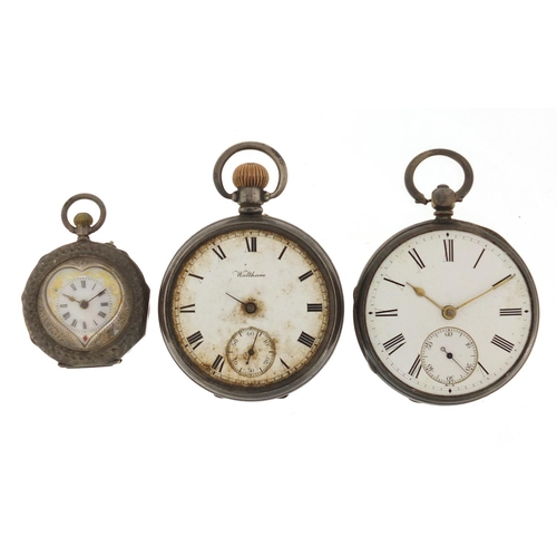 1144 - Two gentleman's silver open face pocket watches and one ladies, including a Waltham, the largest 4.8... 