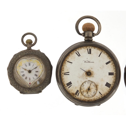 1144 - Two gentleman's silver open face pocket watches and one ladies, including a Waltham, the largest 4.8... 