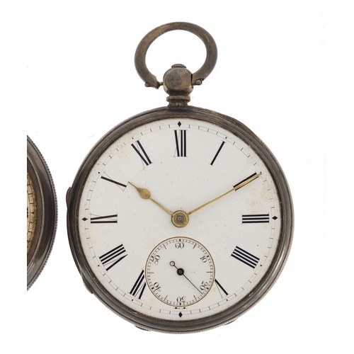 1144 - Two gentleman's silver open face pocket watches and one ladies, including a Waltham, the largest 4.8... 