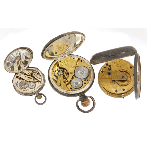 1144 - Two gentleman's silver open face pocket watches and one ladies, including a Waltham, the largest 4.8... 