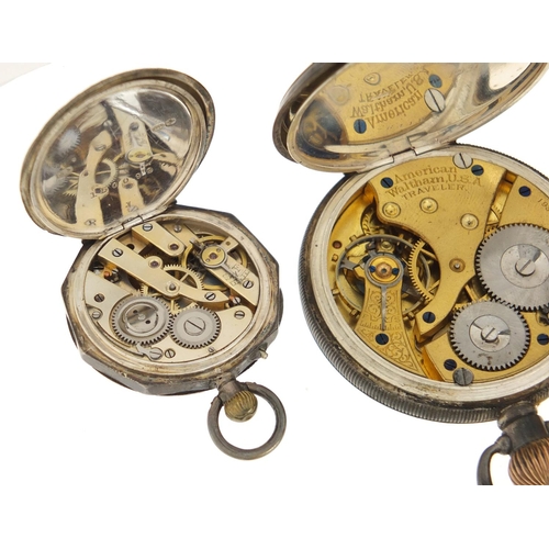 1144 - Two gentleman's silver open face pocket watches and one ladies, including a Waltham, the largest 4.8... 