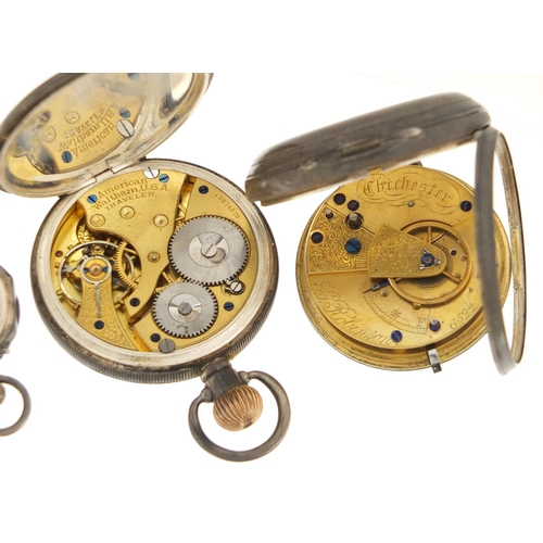 1144 - Two gentleman's silver open face pocket watches and one ladies, including a Waltham, the largest 4.8... 