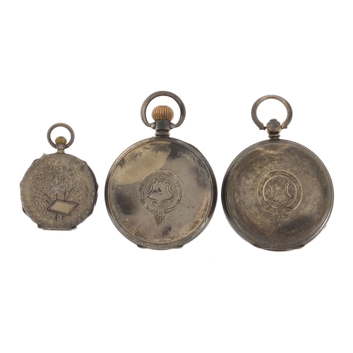 1144 - Two gentleman's silver open face pocket watches and one ladies, including a Waltham, the largest 4.8... 