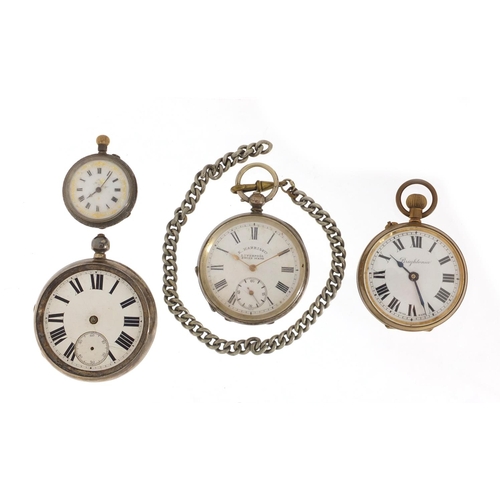 1145 - Two gentleman's silver open face pocket watches, a silver ladies pocket watch and one other includin... 