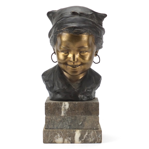 791 - Giovanni De Martino - Patinated bronze bust of a Gypsy girl, raised on a stepped rectangular marble ... 