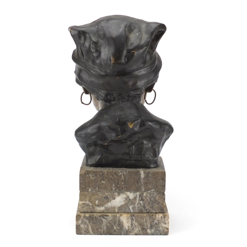 791 - Giovanni De Martino - Patinated bronze bust of a Gypsy girl, raised on a stepped rectangular marble ... 