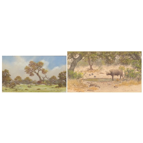 1278 - David Johnson - Water buffalo beside water and warthog in a landscape, two pastels, mounted and fram... 