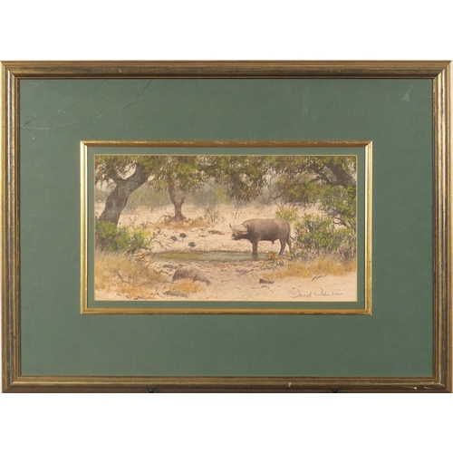 1278 - David Johnson - Water buffalo beside water and warthog in a landscape, two pastels, mounted and fram... 