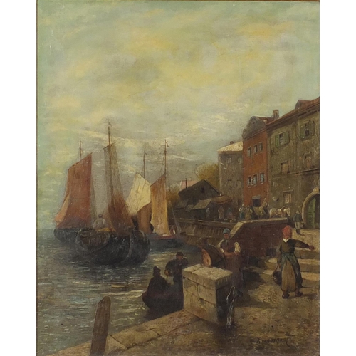 1210 - Kirk Van Hoom - Dutch harbour with fishing boats and figures, 19th century oil on canvas, framed, 49... 