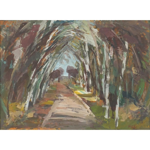 1276 - Derek Hill - Avenue of trees, oil on board, framed, 66cm x 48cm