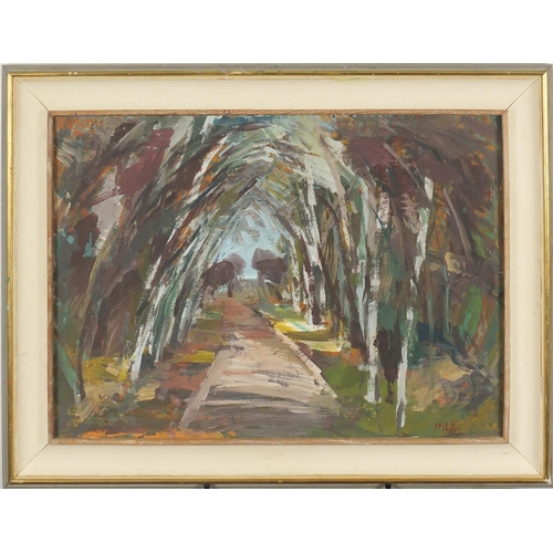 1276 - Derek Hill - Avenue of trees, oil on board, framed, 66cm x 48cm