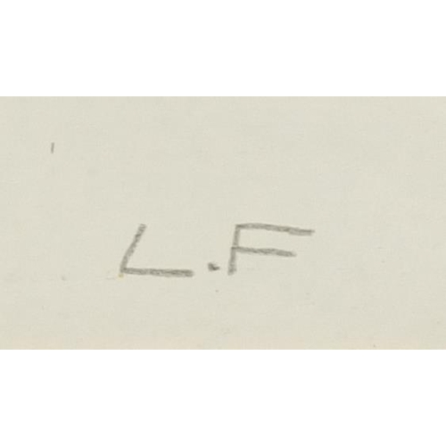 1277 - Semi nude male seated on a settee, London school watercolour and wash, bearing a monogram LF, mounte... 