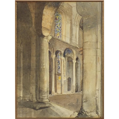 1279 - Aj -Wyckaert - Church interior, watercolour, mounted and framed, 40cm x 29.5cm