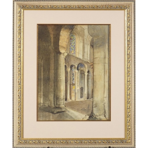 1279 - Aj -Wyckaert - Church interior, watercolour, mounted and framed, 40cm x 29.5cm